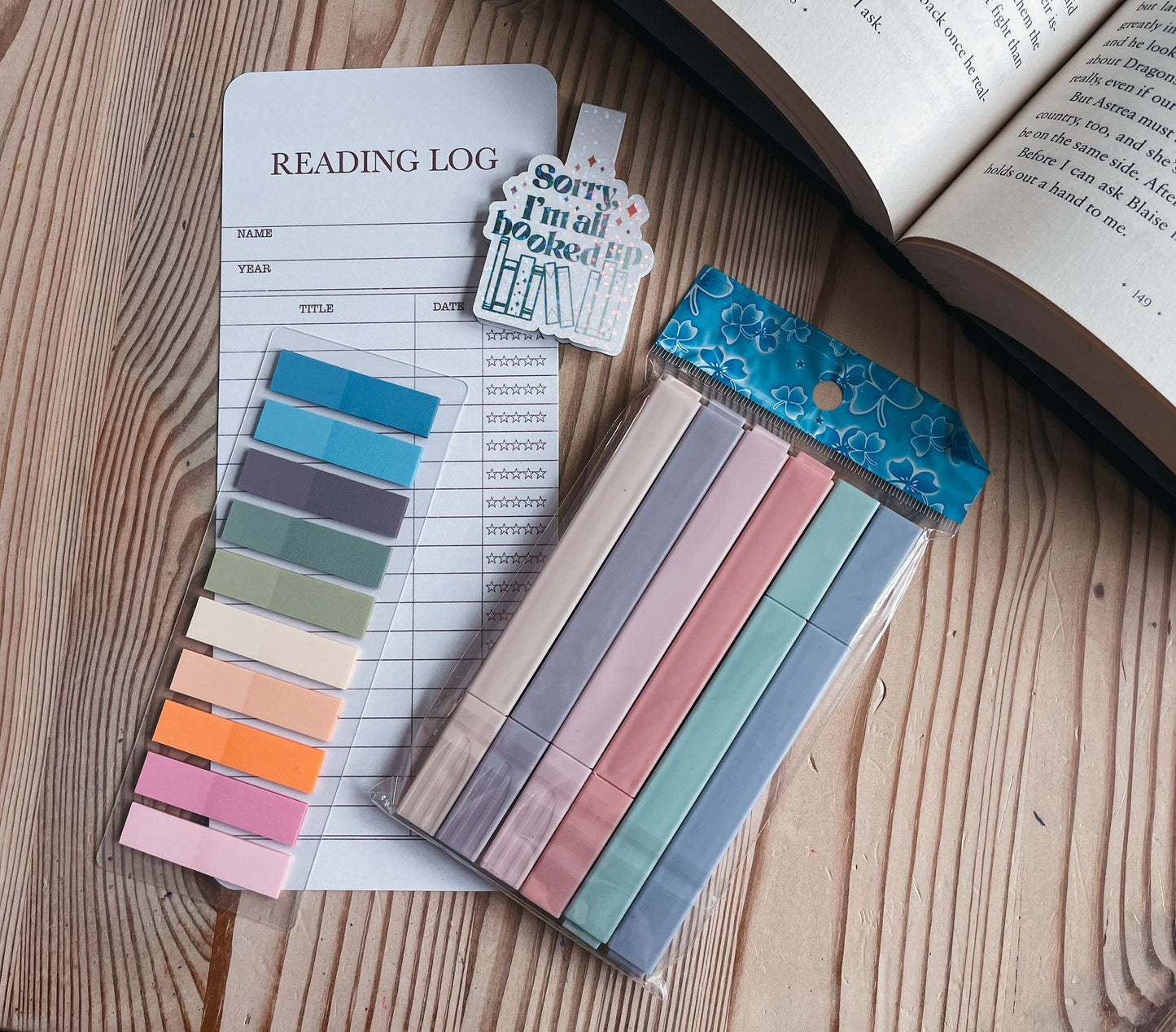 Book Annotating kit- bookmark reading log, annotating tabs, highlighters & a magnetic bookmark | Everything but the Book | Book Lovers kit