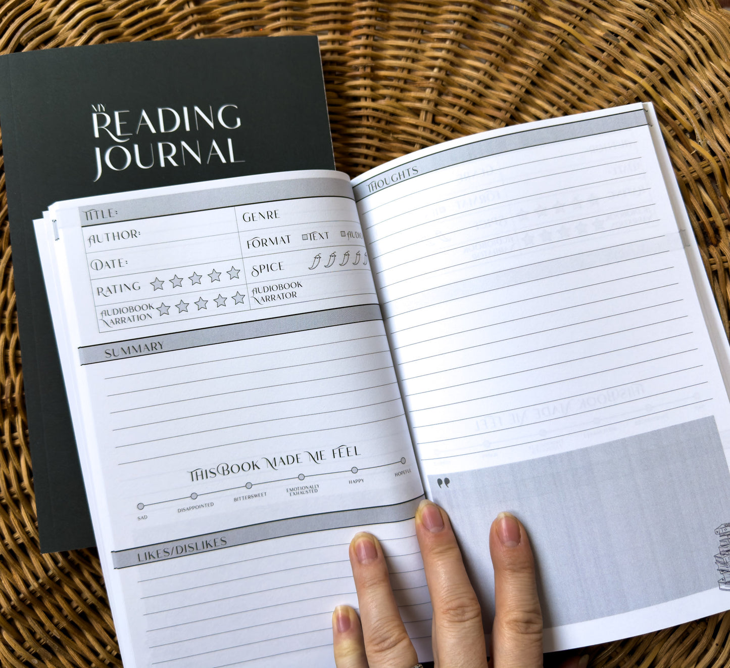 Paperback Reading Journal with 2-page Reviews, star rating, spice level and narration