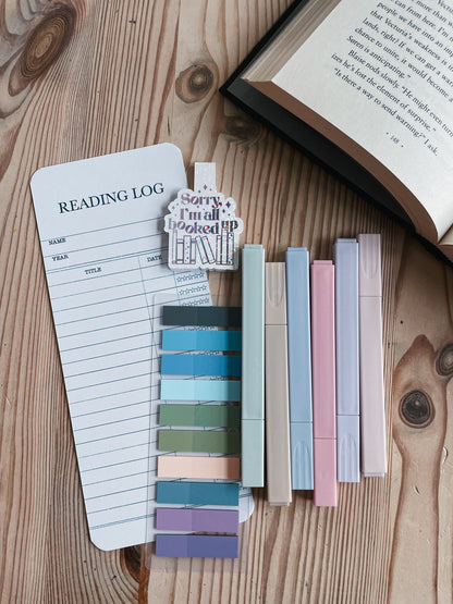 Book Annotating kit- bookmark reading log, annotating tabs, highlighters & a magnetic bookmark | Everything but the Book | Book Lovers kit