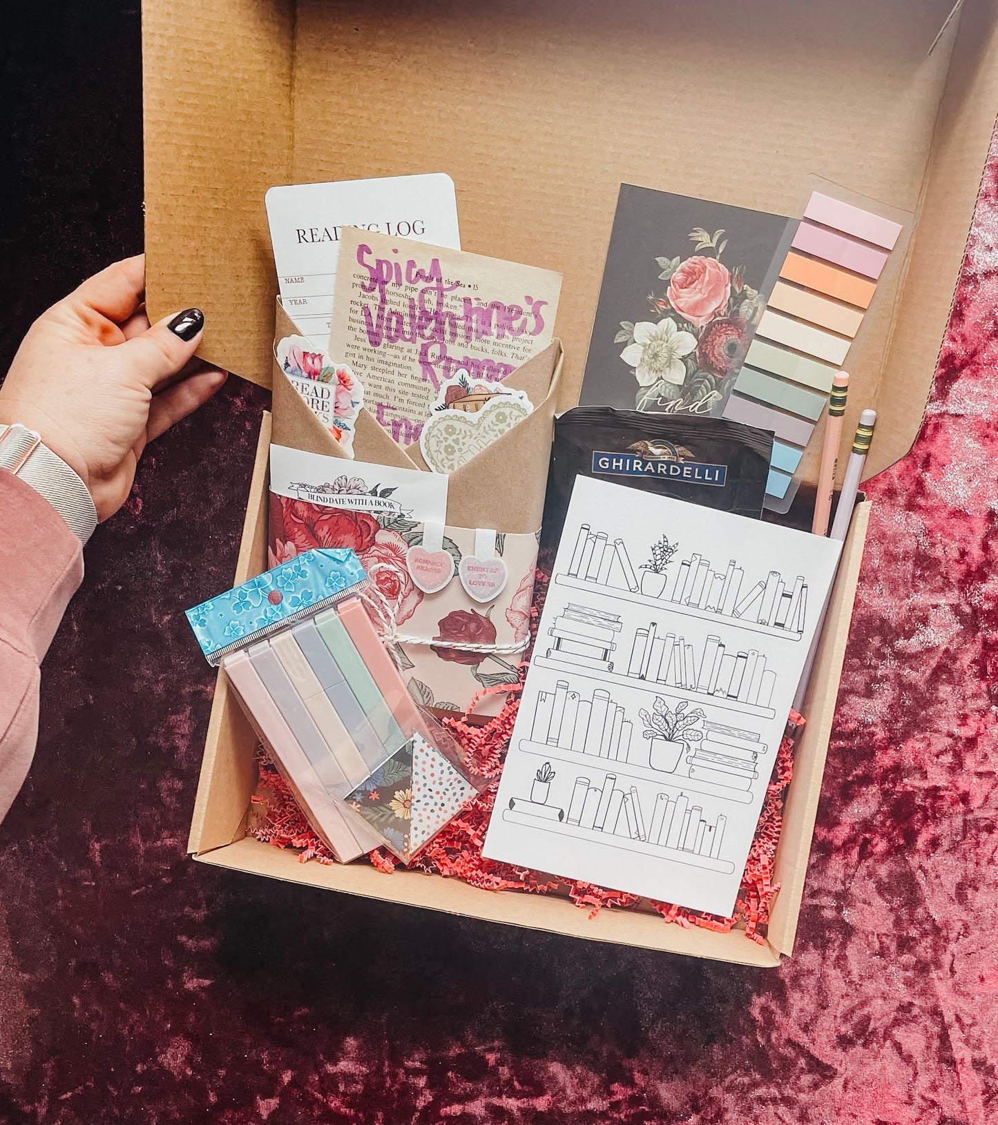 Valentine's Book Box | Blind date with a book, magnetic bookmarks, reading log, annotating tabs, Highlighters, word search activity, & more!