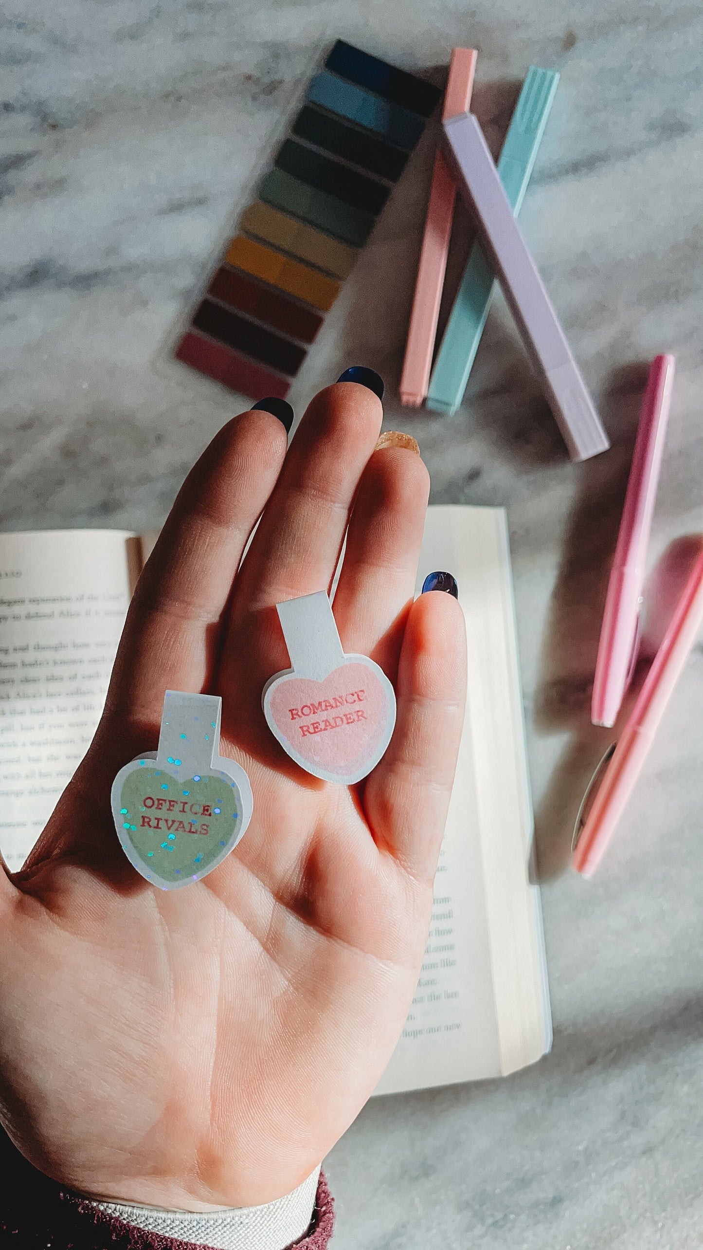 Romance Reader Magnetic Bookmarks | Romance tropes | Candy Hearts | A book a Day keeps reality away