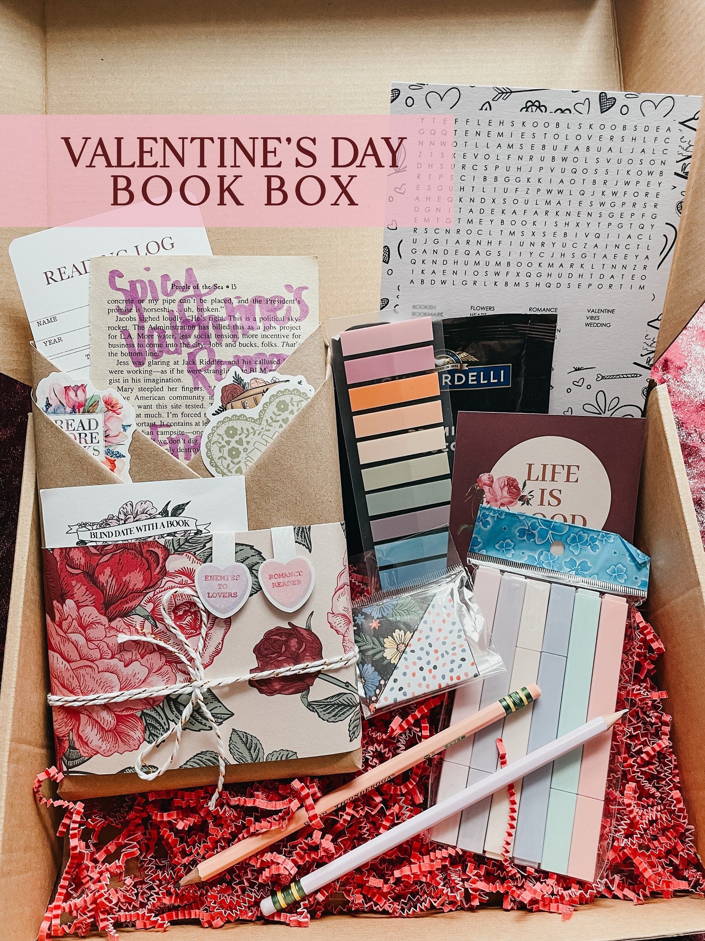 Valentine's Book Box | Blind date with a book, magnetic bookmarks, reading log, annotating tabs, Highlighters, word search activity, & more!